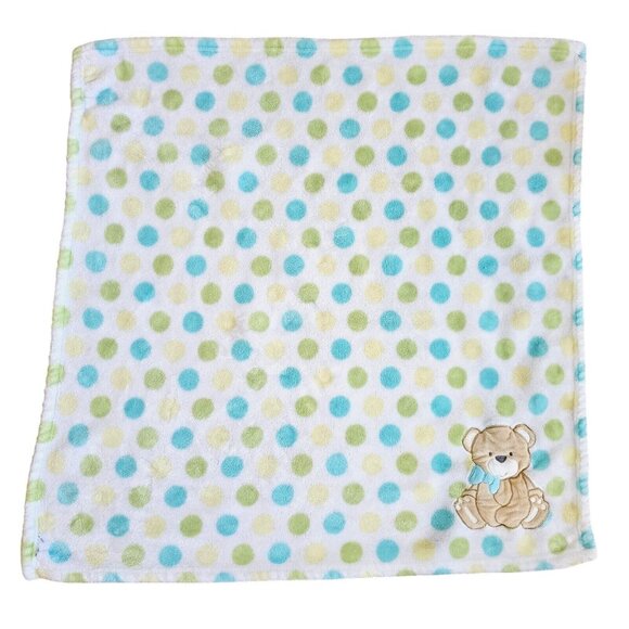 Baby Essentials Blue Green Polka Dot Bear‎ Baby Blanket Soft Plush 29” X 30" - Picture 2 of 7